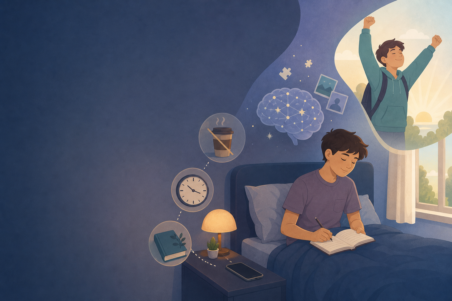 수면 기록을 작성하고 규칙적인 취침을 준비하는 학생의 교육용 일러스트